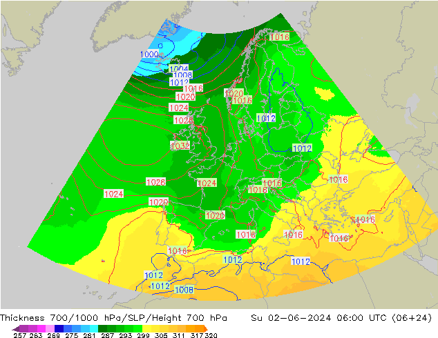 Thck 700-1000 hPa UK-Global Su 02.06.2024 06 UTC