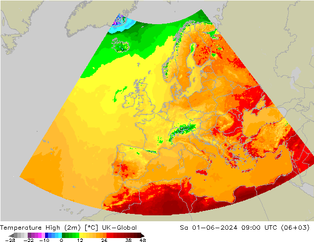 Temperature High (2m) UK-Global 星期六 01.06.2024 09 UTC