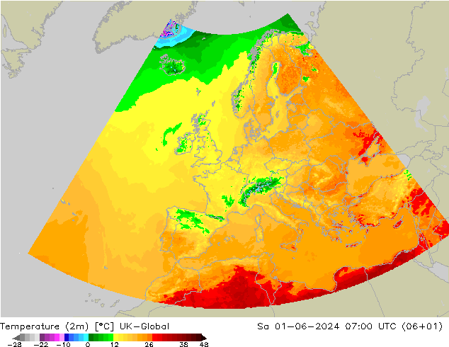 Temperatura (2m) UK-Global sab 01.06.2024 07 UTC