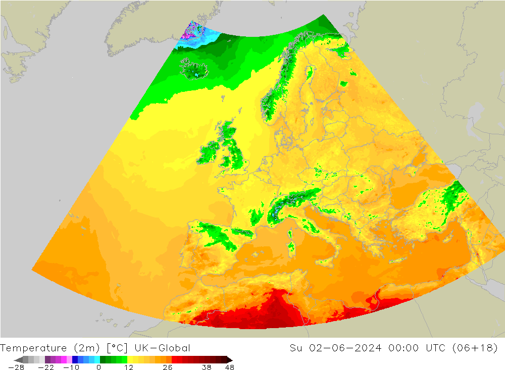 Sıcaklık Haritası (2m) UK-Global Paz 02.06.2024 00 UTC