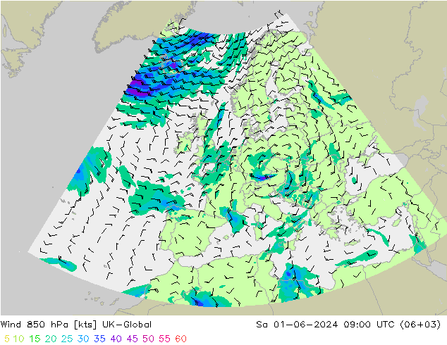 Viento 850 hPa UK-Global sáb 01.06.2024 09 UTC