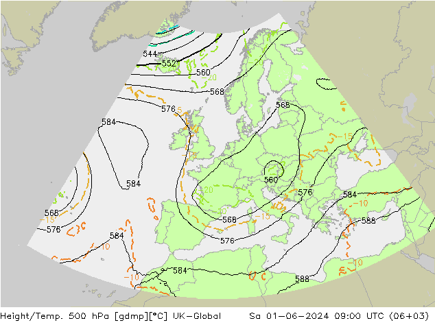 Height/Temp. 500 hPa UK-Global So 01.06.2024 09 UTC