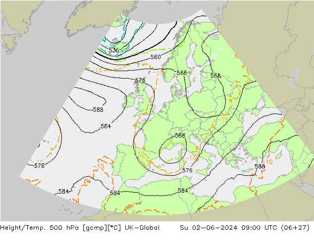 Height/Temp. 500 hPa UK-Global dom 02.06.2024 09 UTC