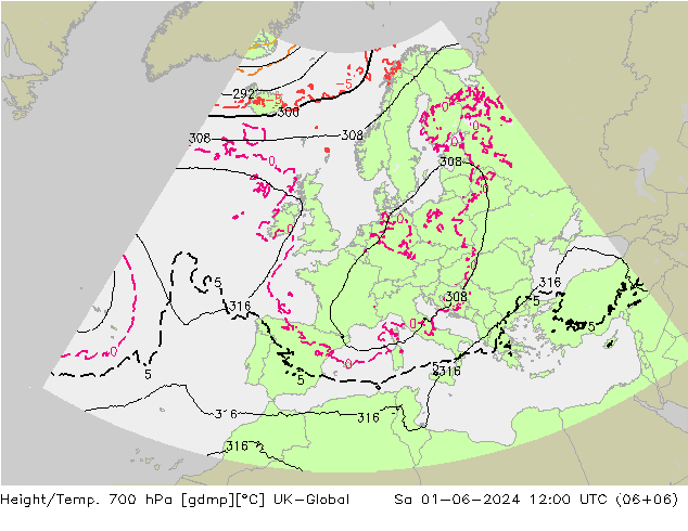 Hoogte/Temp. 700 hPa UK-Global za 01.06.2024 12 UTC