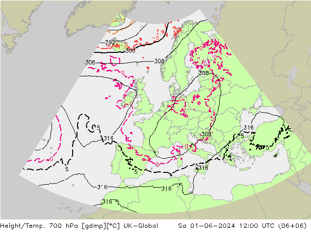 Height/Temp. 700 hPa UK-Global Sa 01.06.2024 12 UTC