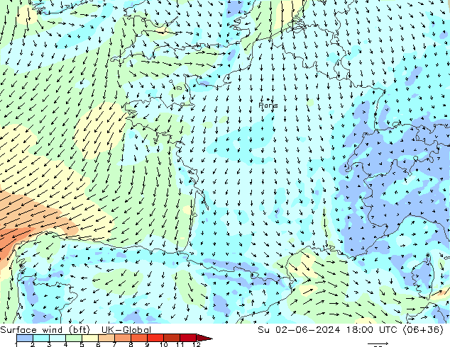 Vento 10 m (bft) UK-Global dom 02.06.2024 18 UTC