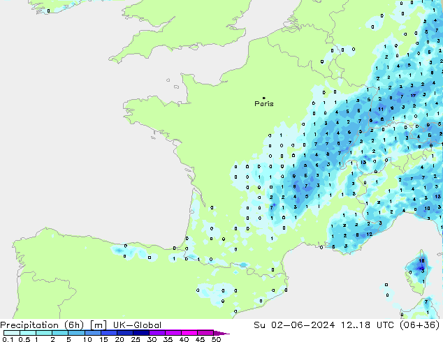 Precipitazione (6h) UK-Global dom 02.06.2024 18 UTC