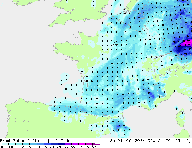 Precipitação (12h) UK-Global Sáb 01.06.2024 18 UTC