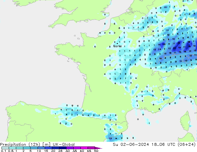 Precipitation (12h) UK-Global Su 02.06.2024 06 UTC