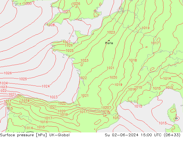 Pressione al suolo UK-Global dom 02.06.2024 15 UTC
