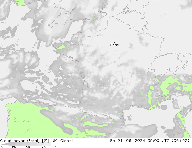 Bewolking (Totaal) UK-Global za 01.06.2024 09 UTC