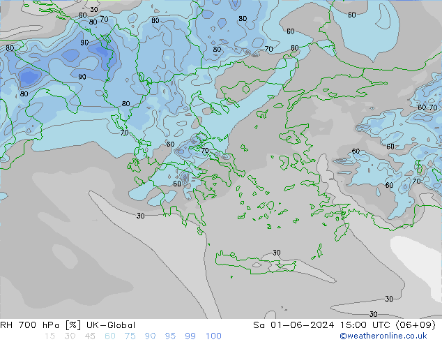 Humedad rel. 700hPa UK-Global sáb 01.06.2024 15 UTC
