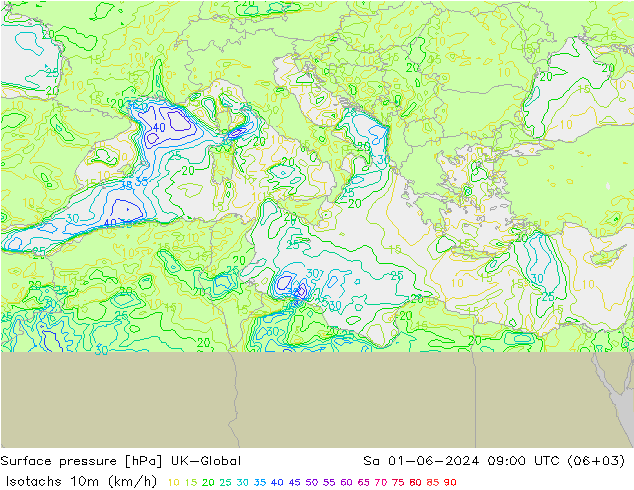 Isotachs (kph) UK-Global Sa 01.06.2024 09 UTC