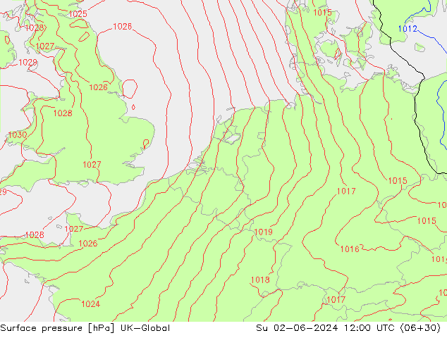 Pressione al suolo UK-Global dom 02.06.2024 12 UTC