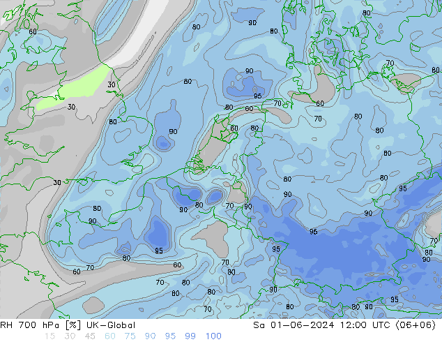 Humedad rel. 700hPa UK-Global sáb 01.06.2024 12 UTC