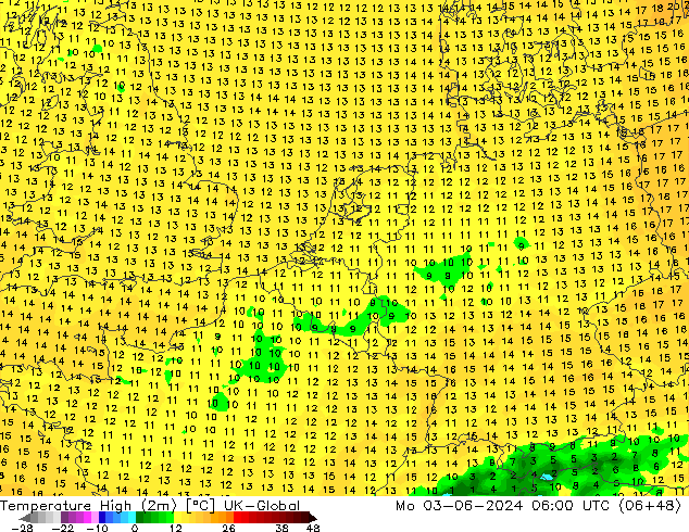 temperatura máx. (2m) UK-Global Seg 03.06.2024 06 UTC
