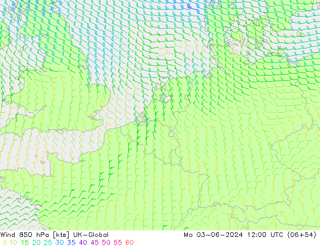 Wind 850 hPa UK-Global Mo 03.06.2024 12 UTC
