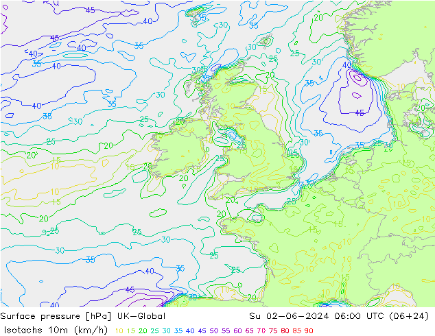 Izotacha (km/godz) UK-Global nie. 02.06.2024 06 UTC