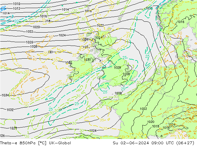 Theta-e 850hPa UK-Global So 02.06.2024 09 UTC