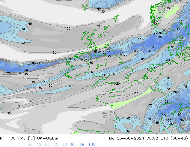 RH 700 hPa UK-Global Mo 03.06.2024 06 UTC