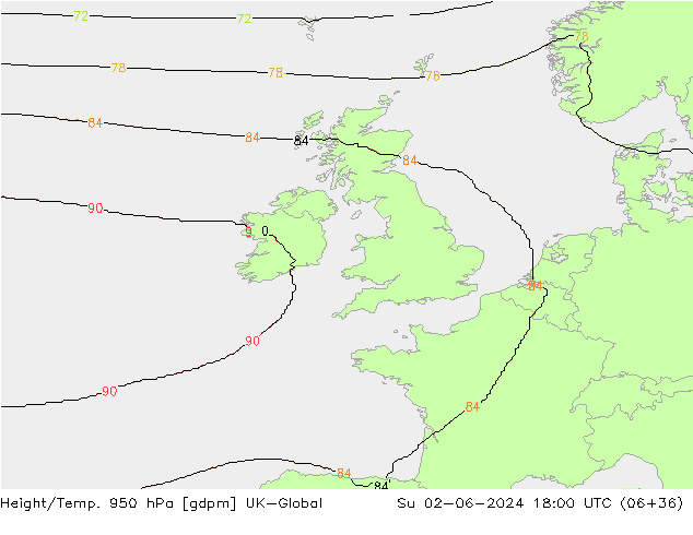 Height/Temp. 950 hPa UK-Global Su 02.06.2024 18 UTC