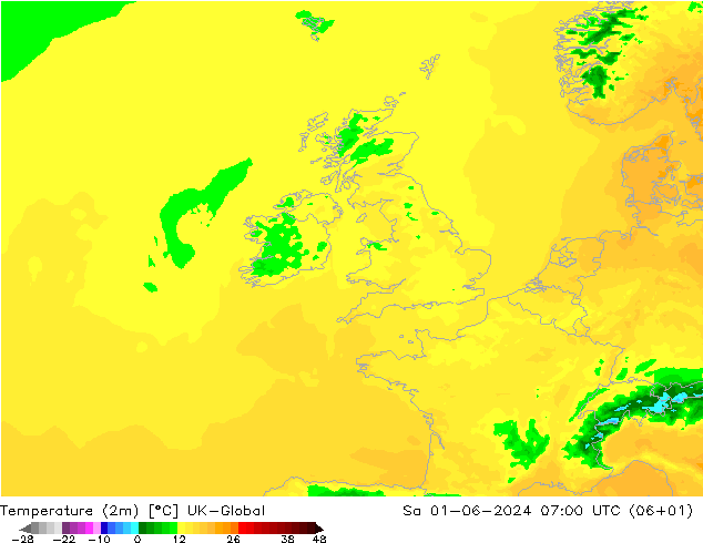 Temperatuurkaart (2m) UK-Global za 01.06.2024 07 UTC