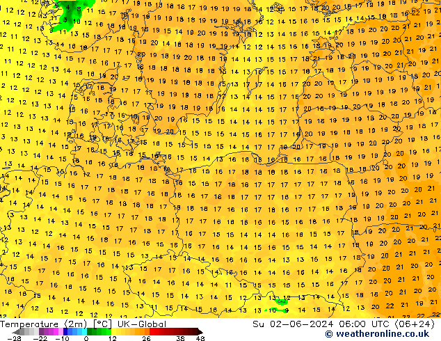 Temperatura (2m) UK-Global dom 02.06.2024 06 UTC