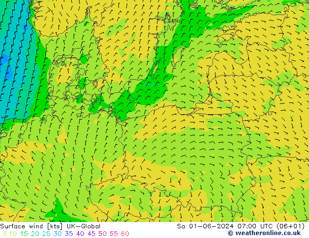 Vento 10 m UK-Global Sáb 01.06.2024 07 UTC