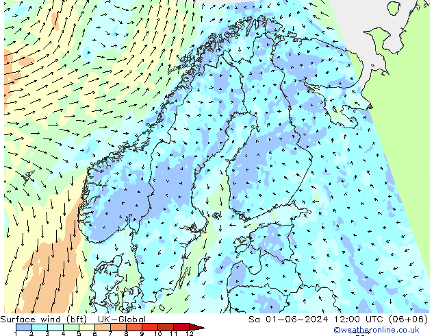Wind 10 m (bft) UK-Global za 01.06.2024 12 UTC