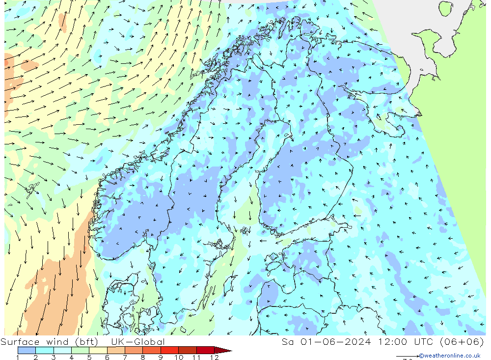 Wind 10 m (bft) UK-Global za 01.06.2024 12 UTC