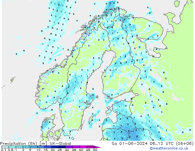 Totale neerslag (6h) UK-Global za 01.06.2024 12 UTC