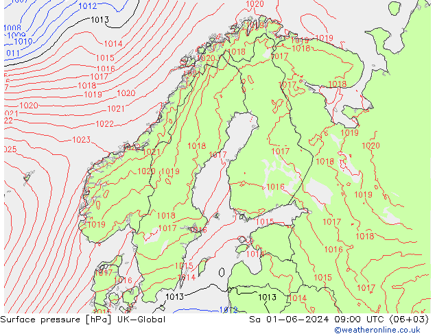 Pressione al suolo UK-Global sab 01.06.2024 09 UTC