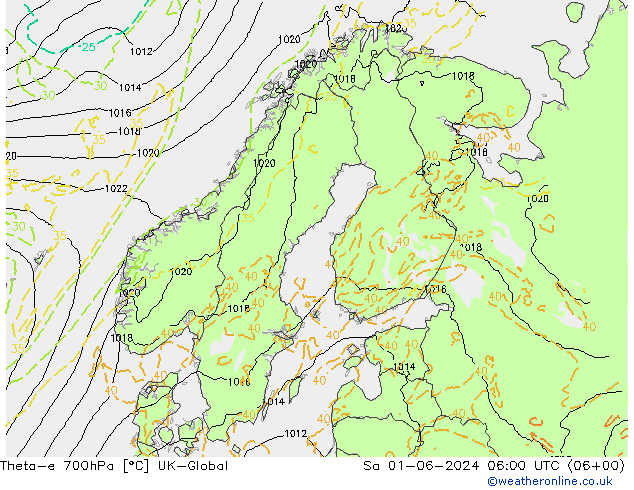 Theta-e 700hPa UK-Global sam 01.06.2024 06 UTC