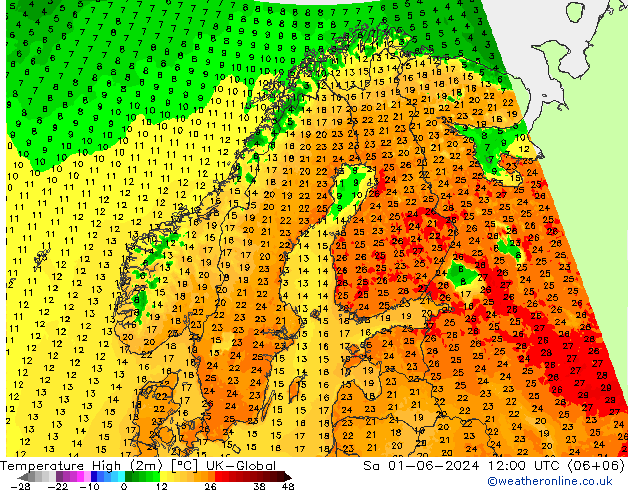 Nejvyšší teplota (2m) UK-Global So 01.06.2024 12 UTC