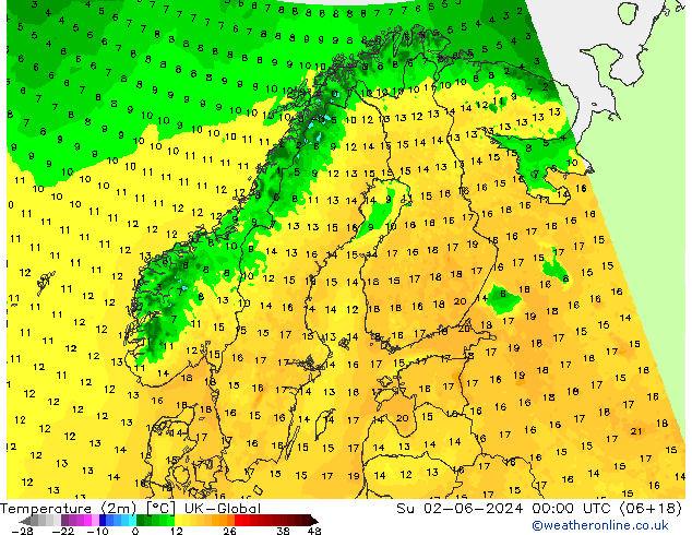 Temperaturkarte (2m) UK-Global So 02.06.2024 00 UTC