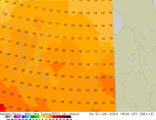 Height/Temp. 850 hPa UK-Global Sa 01.06.2024 18 UTC