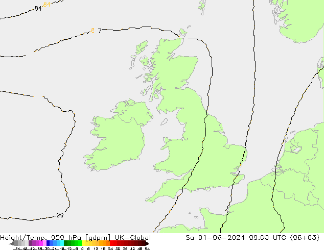 Height/Temp. 950 hPa UK-Global Sa 01.06.2024 09 UTC