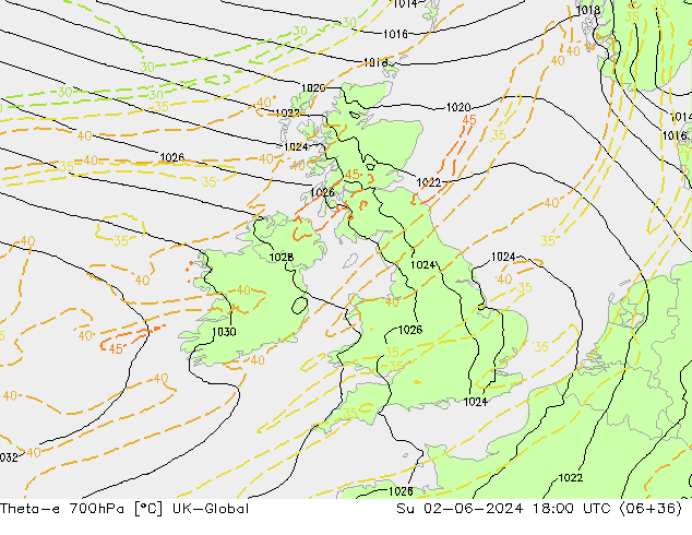 Theta-e 700hPa UK-Global Ne 02.06.2024 18 UTC