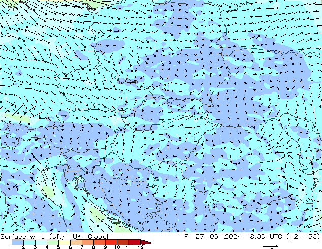 Surface wind (bft) UK-Global Fr 07.06.2024 18 UTC