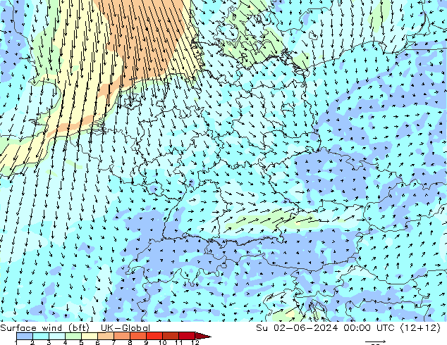 Vent 10 m (bft) UK-Global dim 02.06.2024 00 UTC