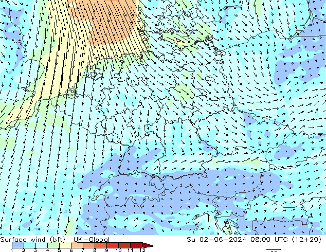 Surface wind (bft) UK-Global Su 02.06.2024 08 UTC