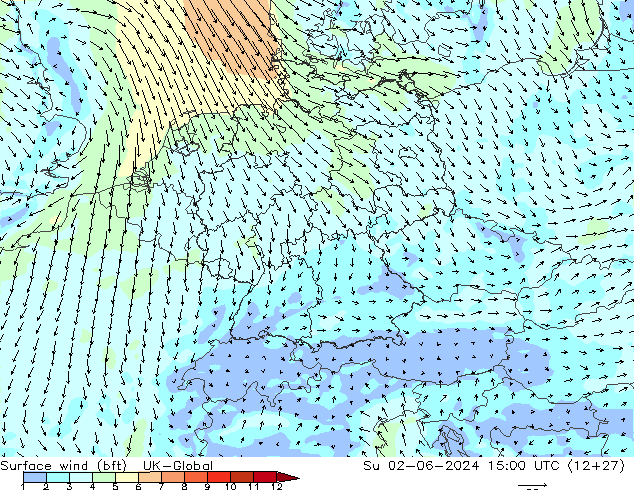 Surface wind (bft) UK-Global Su 02.06.2024 15 UTC