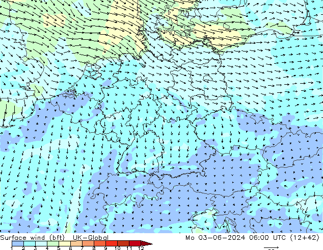 Surface wind (bft) UK-Global Mo 03.06.2024 06 UTC