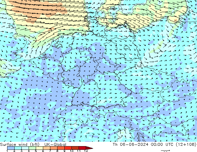 Surface wind (bft) UK-Global Th 06.06.2024 00 UTC