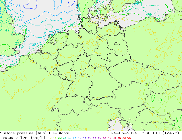 Isotachen (km/h) UK-Global di 04.06.2024 12 UTC