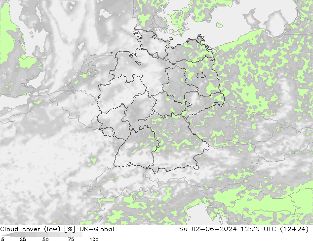 Cloud cover (low) UK-Global Su 02.06.2024 12 UTC