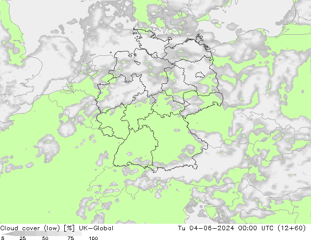 Bewolking (Laag) UK-Global di 04.06.2024 00 UTC