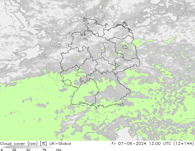 Cloud cover (low) UK-Global Fr 07.06.2024 12 UTC