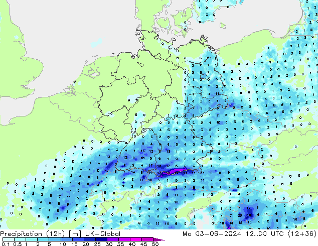 Totale neerslag (12h) UK-Global ma 03.06.2024 00 UTC