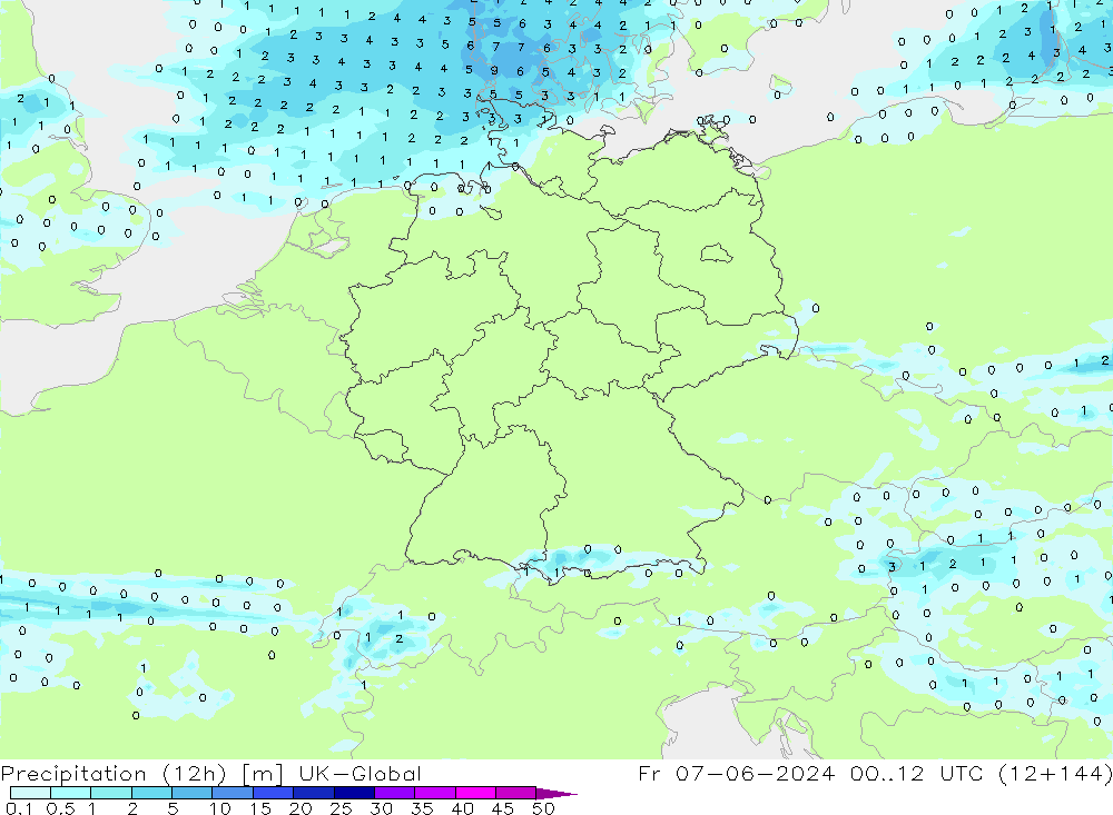 Precipitation (12h) UK-Global Fr 07.06.2024 12 UTC